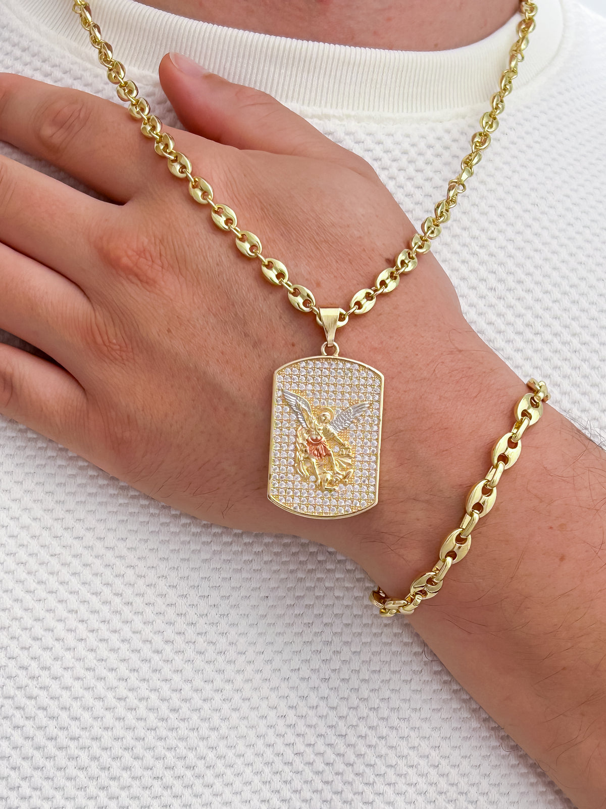 CADENA ESLABON (60CM 4MM) + PLACA DE SAN MIGUEL +PULSERA GRATIS