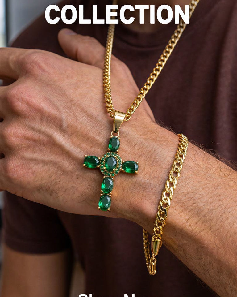 Cadena Cubana 60 cm -4 MM + Dije Cruz Verde + Pulsera Gratis