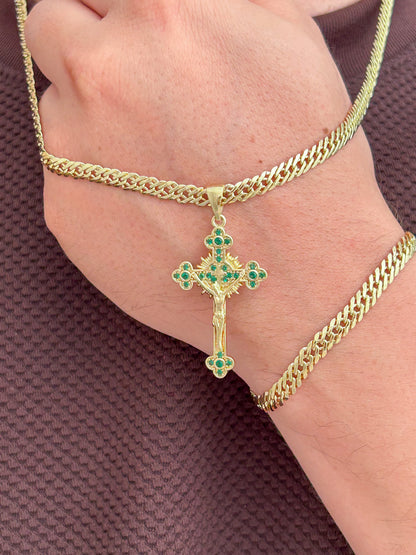 CADENA CRUZADA  (60CM 4MM) +  CRISTO VERDE  + PULSERA GRATIS