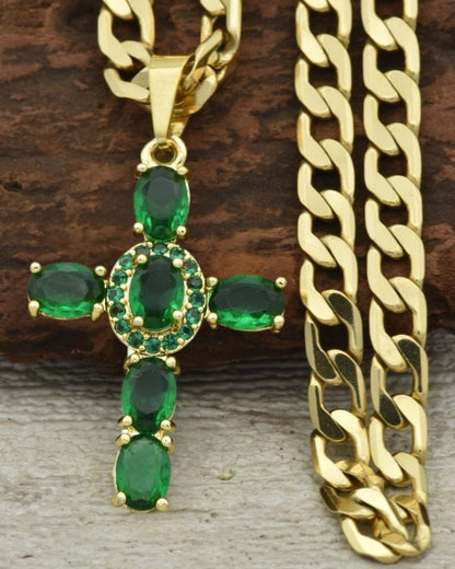 Cadena Cubana 60 cm -4 MM + Dije Cruz Verde + Pulsera Gratis