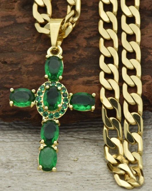 Cadena Cubana 60 cm -4 MM + Dije Cruz Verde + Pulsera Gratis