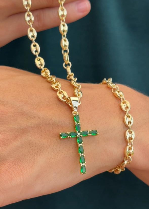 Cadena Eslabon(60CM 4MM)  + Cruz Green + PULSERA GRATIS