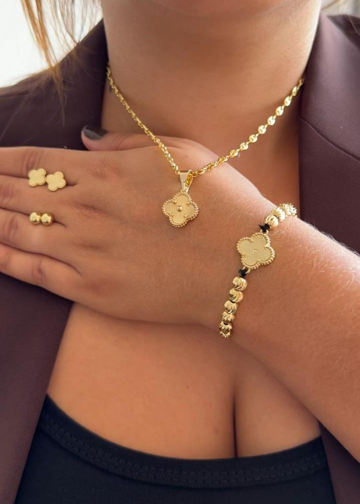 CADENA DE TEJIDO ESLABON (45CMS) +DIJE TREBOL +PULSERA + ARETES +Topos Balin GRATIS