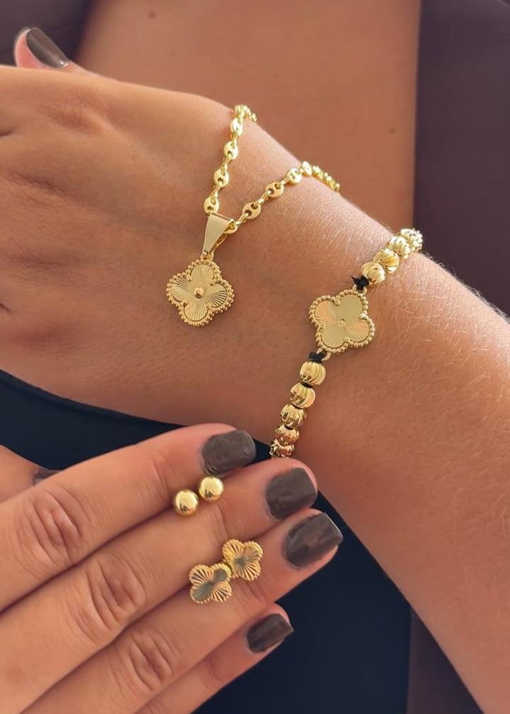 CADENA DE TEJIDO ESLABON (45CMS) +DIJE TREBOL +PULSERA + ARETES +Topos Balin GRATIS