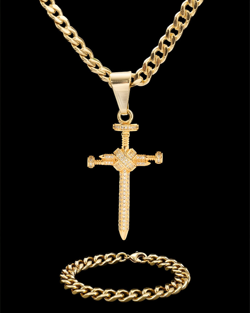 CADENA CUBANA (60CM 4MM) + CRUZ CLAVO +PULSERA GRATIS